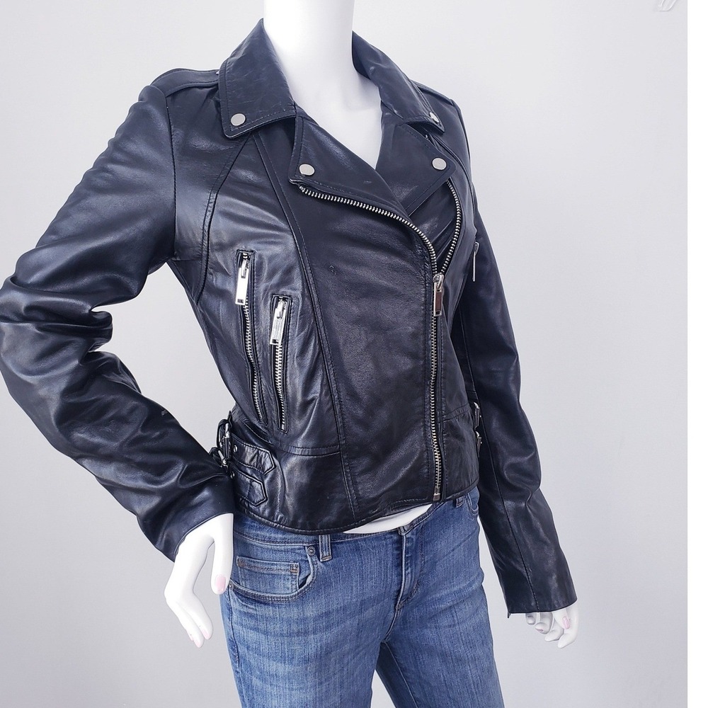 Zara Leather Moto Biker Jacket Black Asymmetrical Zip Womens Size Small